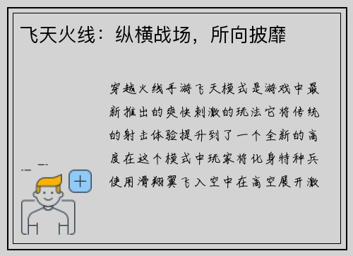 飞天火线：纵横战场，所向披靡